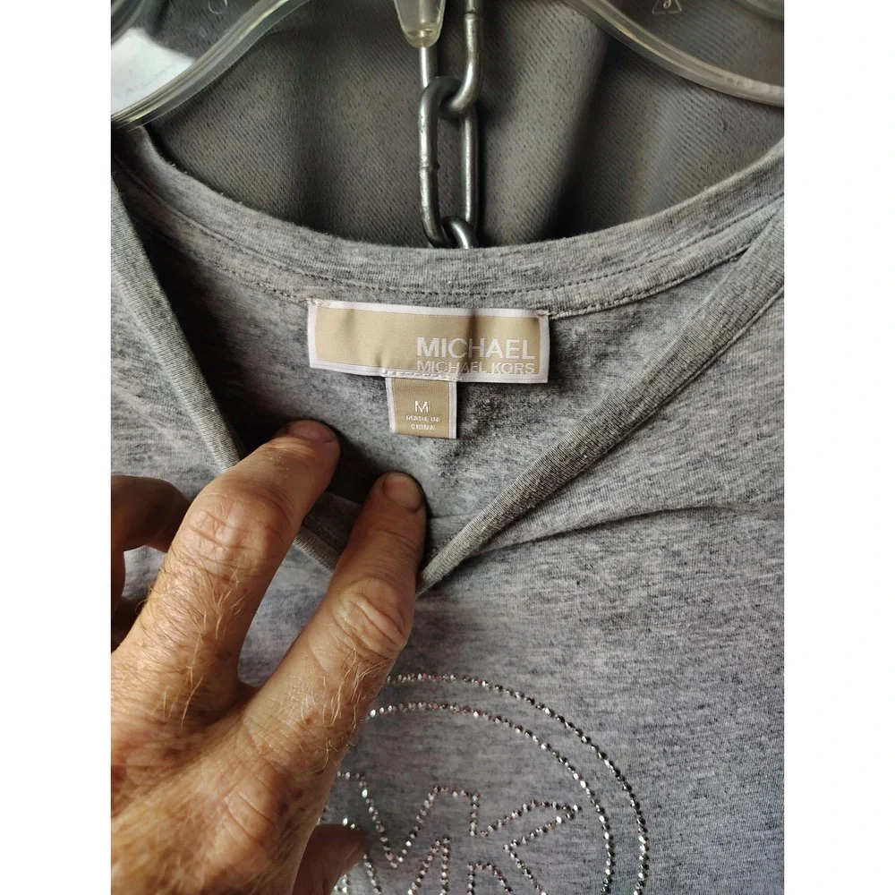 Michael Kors Womens Gray Rhinestone MK Logo‎ Crew Neck Short Sleeve T-Shirt M